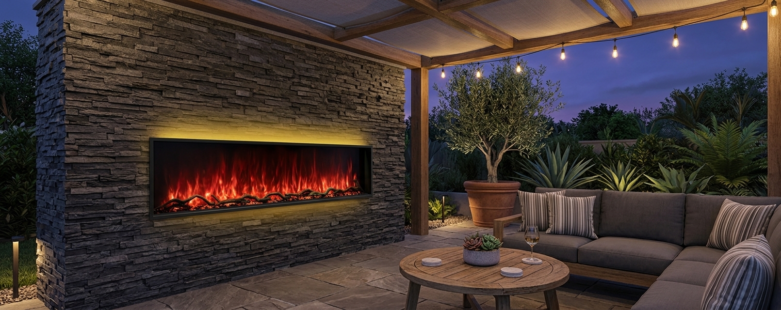 A modern patio featuring the Modern Flames Landscape Pro built into a stone feature wall